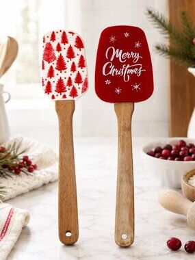 2 Pc Christmas Silicone Spatula Set Merry Christmas Trees Wood Handle Baking EUC